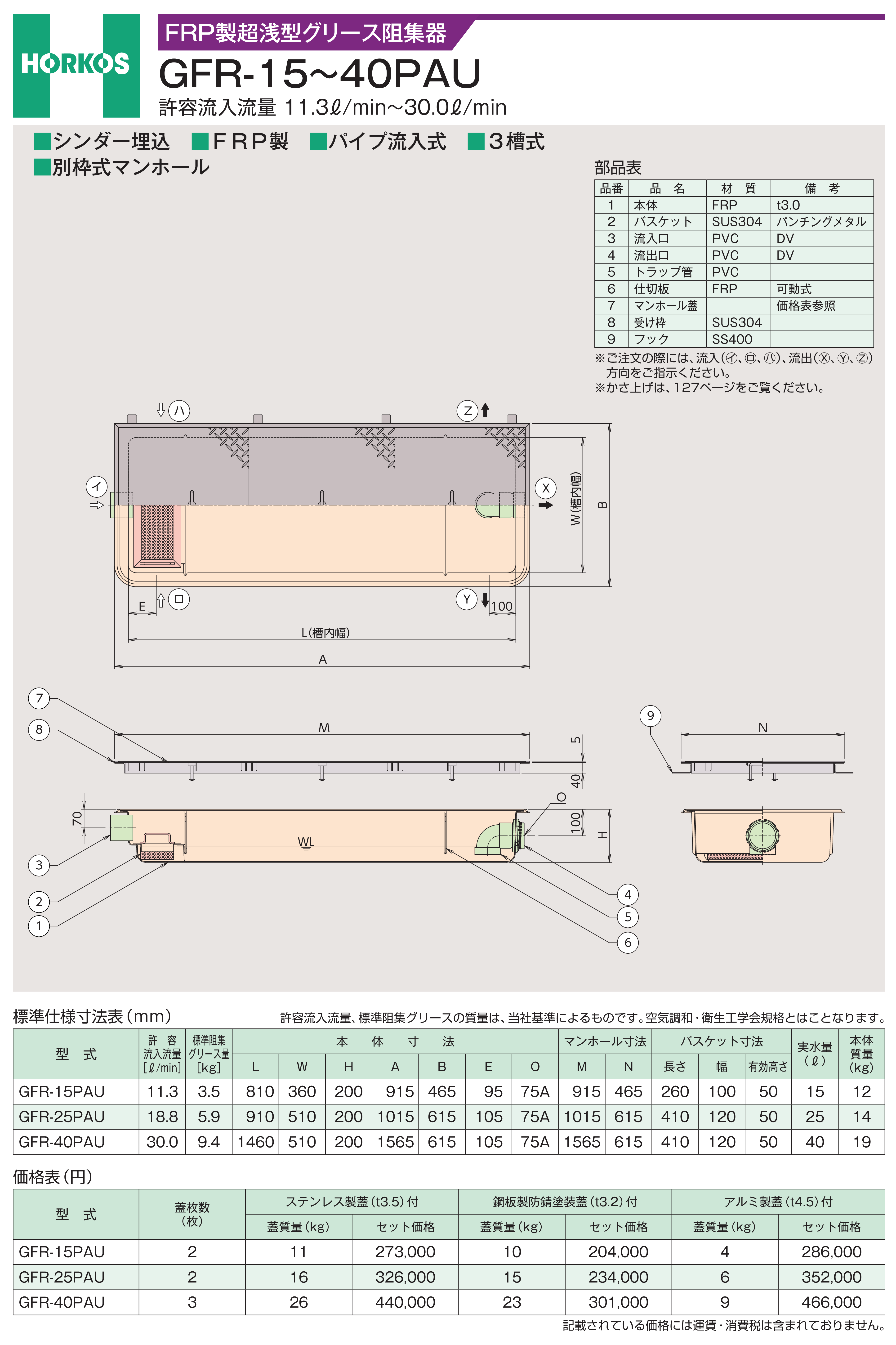 おすすめ 年中無休の管材屋さんFRP製超浅型グリストラップ パイプ流入式 ホーコスGFR-15JPU